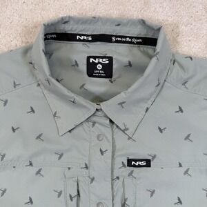 NRS Drifters Guide Wear Shirt Women's XL Green Light Nylon Roll Tab AOP Flies